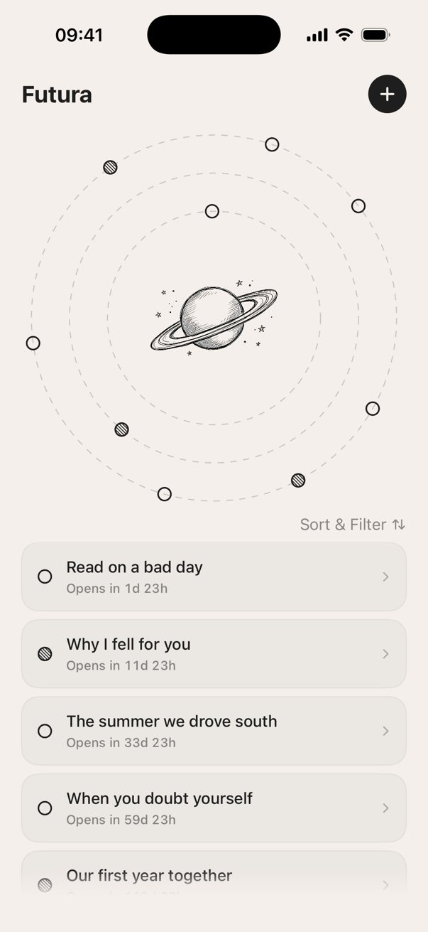 Futura home screen: capsules orbiting a hand-drawn planet, each waiting for its open date