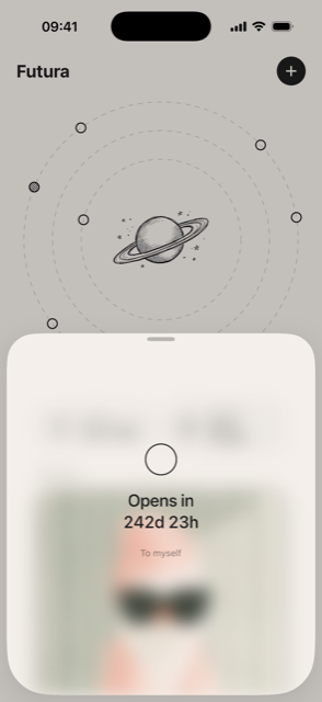 A locked Futura capsule: content blurred, showing only 'Opens in 242d 23h'