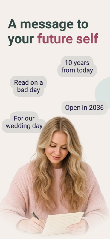 Futura marketing screen: a message to your future self — open in 2036, for our wedding day, read on a bad day