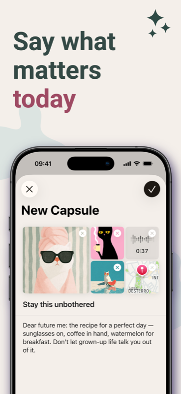 Futura's New Capsule screen with a letter, photos, a voice note and a map location attached