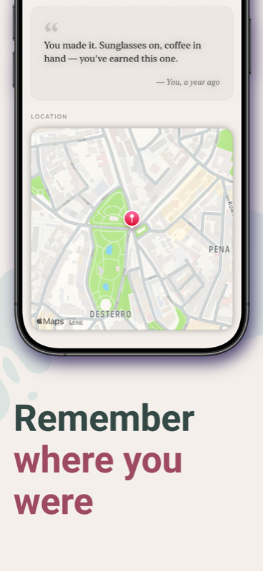 An opened Futura capsule showing a note from a year ago and the map location where it was written