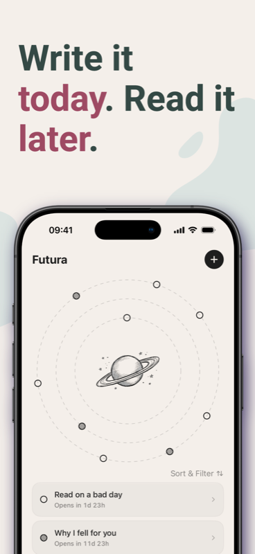 Futura home screen showing capsules orbiting a planet, each with its own countdown